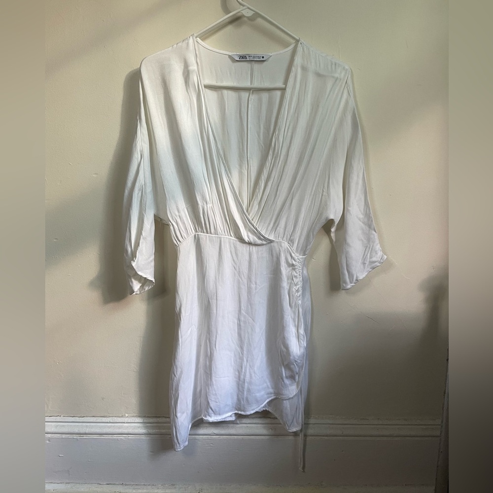 Zara Satin Ivory V-Neck Dress